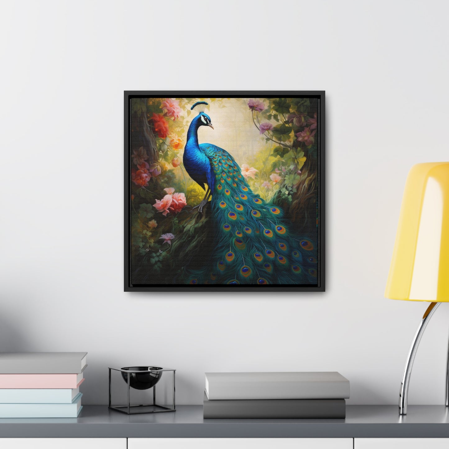 Peacock and Pink Rose Gallery Canvas Wraps, Square Frame