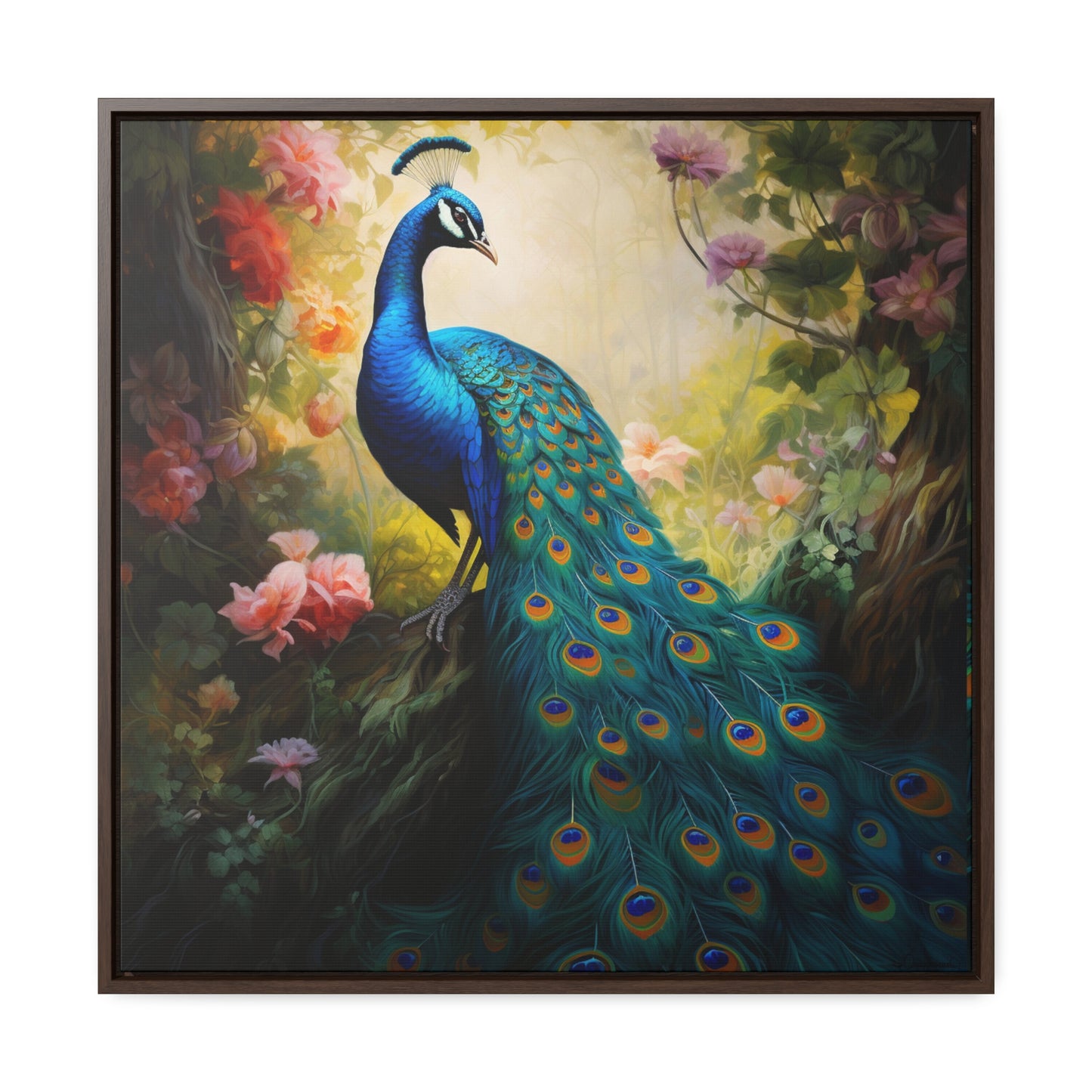 Peacock and Pink Rose Gallery Canvas Wraps, Square Frame