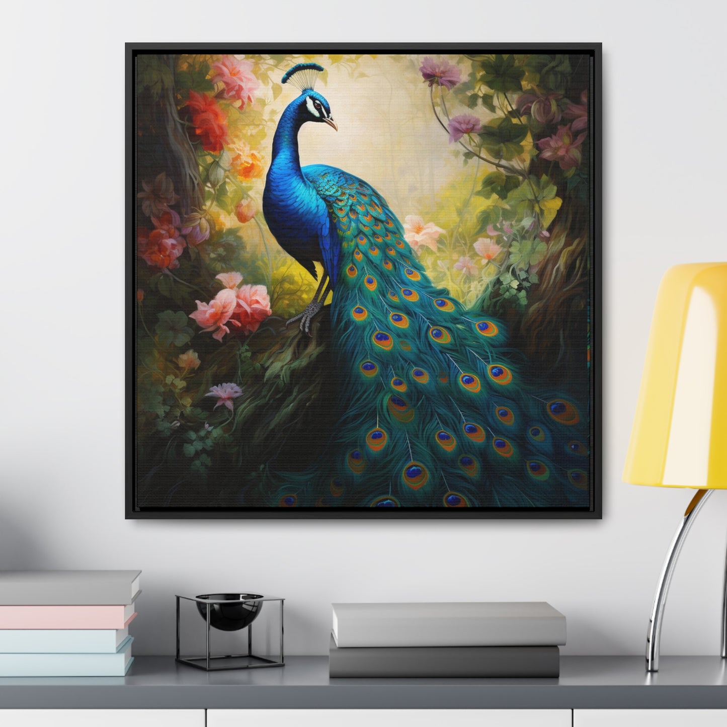 Peacock and Pink Rose Gallery Canvas Wraps, Square Frame