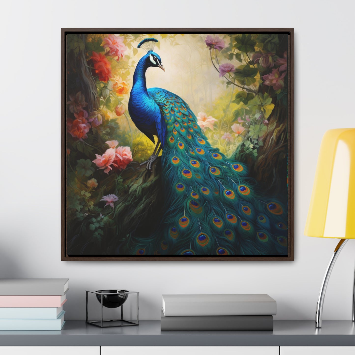 Peacock and Pink Rose Gallery Canvas Wraps, Square Frame