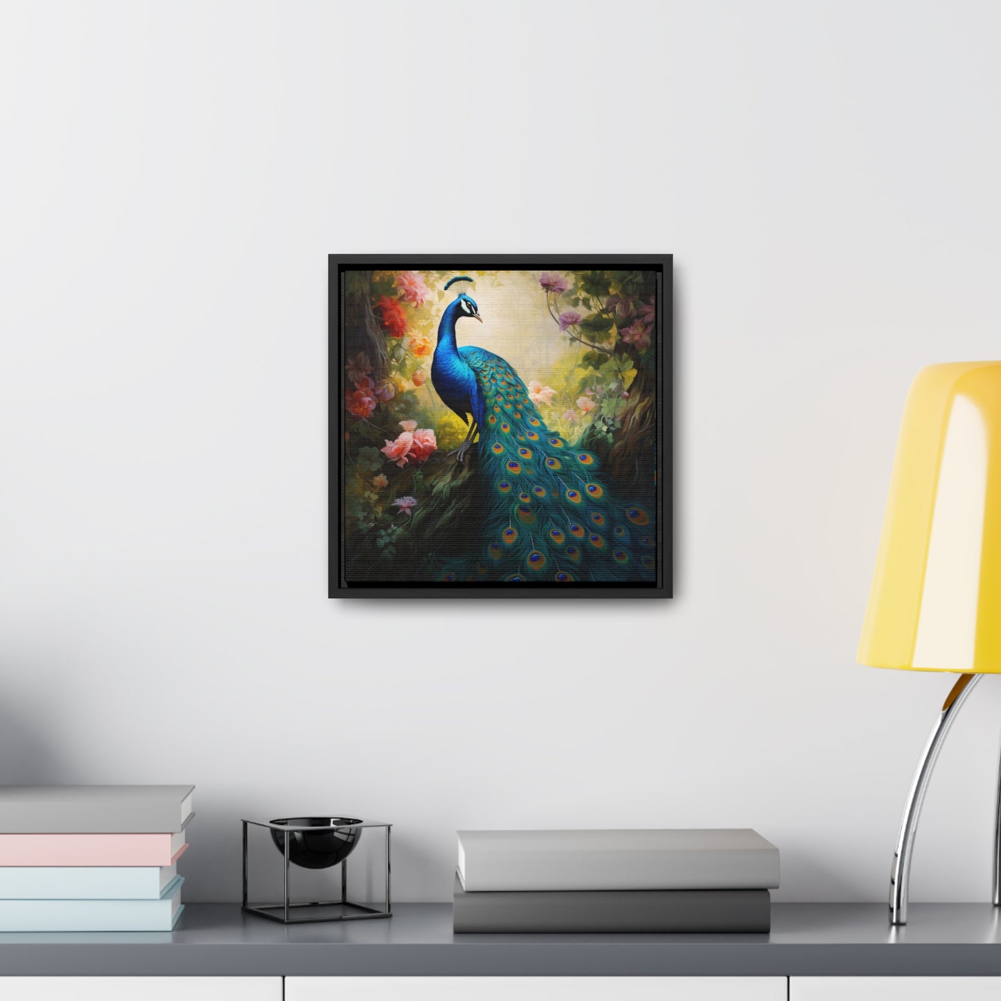 Peacock and Pink Rose Gallery Canvas Wraps, Square Frame