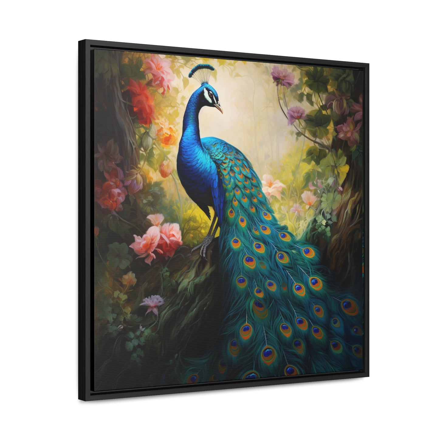 Peacock and Pink Rose Gallery Canvas Wraps, Square Frame