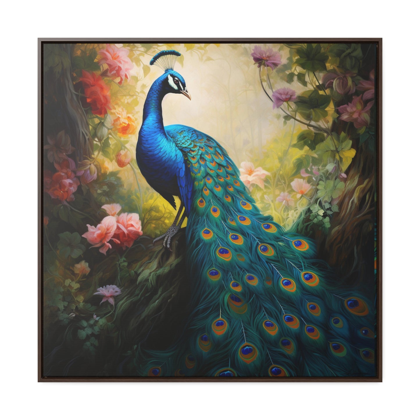 Peacock and Pink Rose Gallery Canvas Wraps, Square Frame