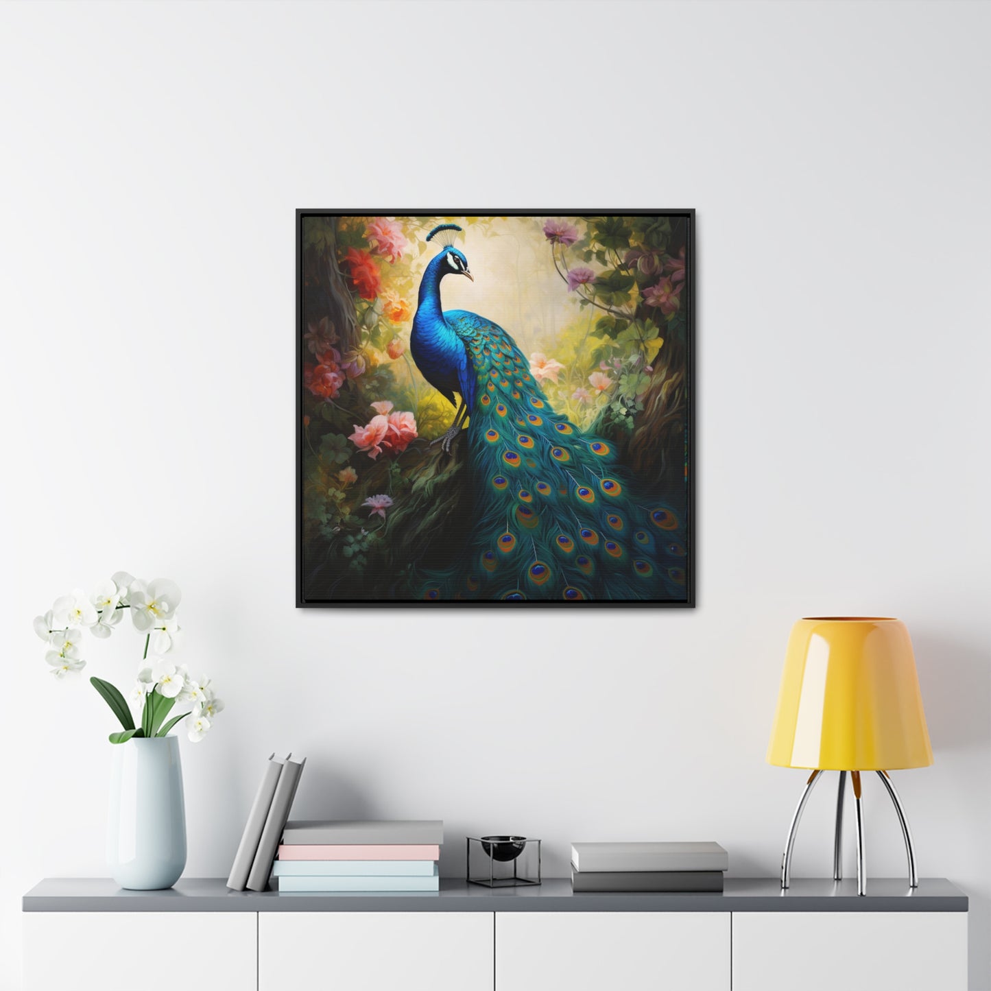 Peacock and Pink Rose Gallery Canvas Wraps, Square Frame