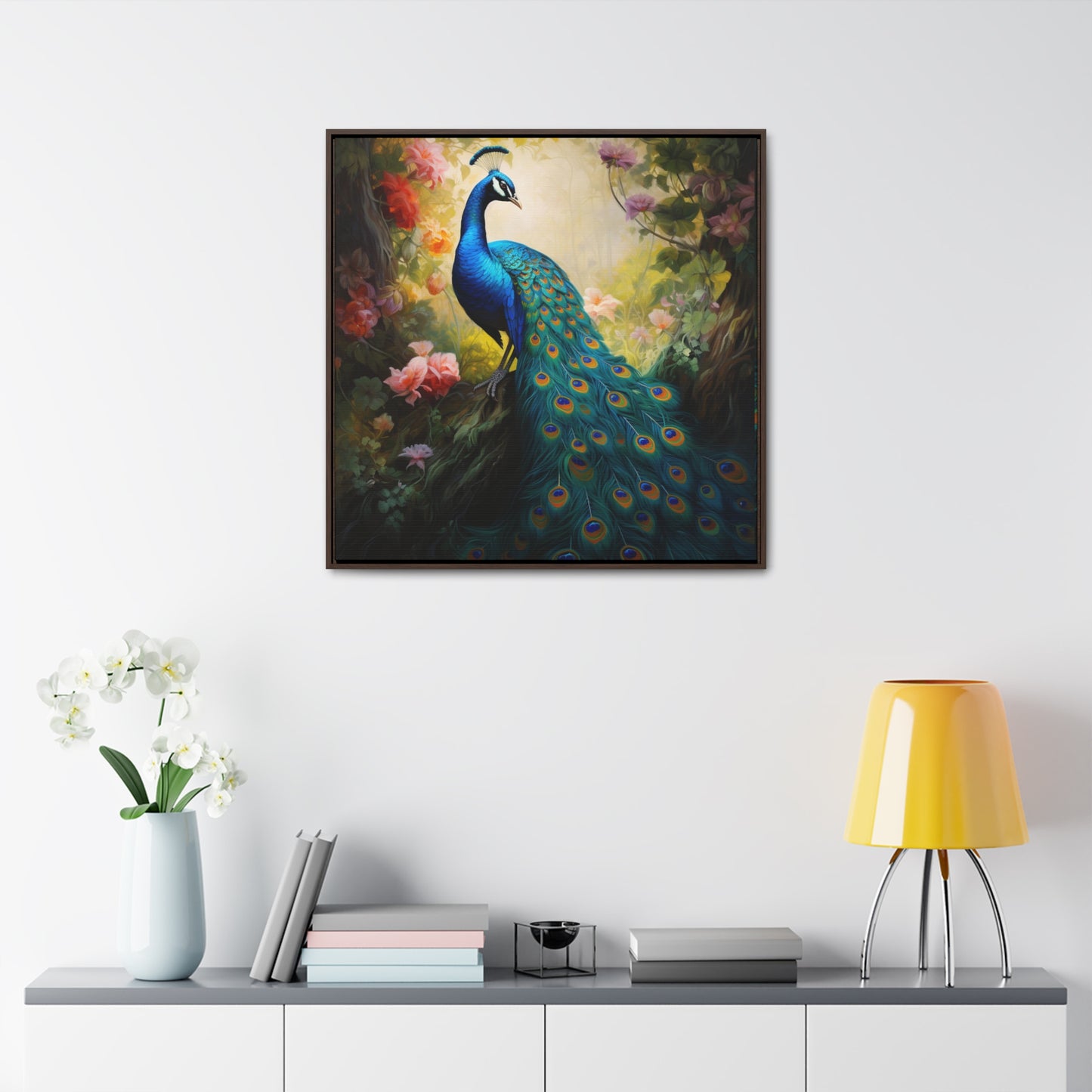 Peacock and Pink Rose Gallery Canvas Wraps, Square Frame