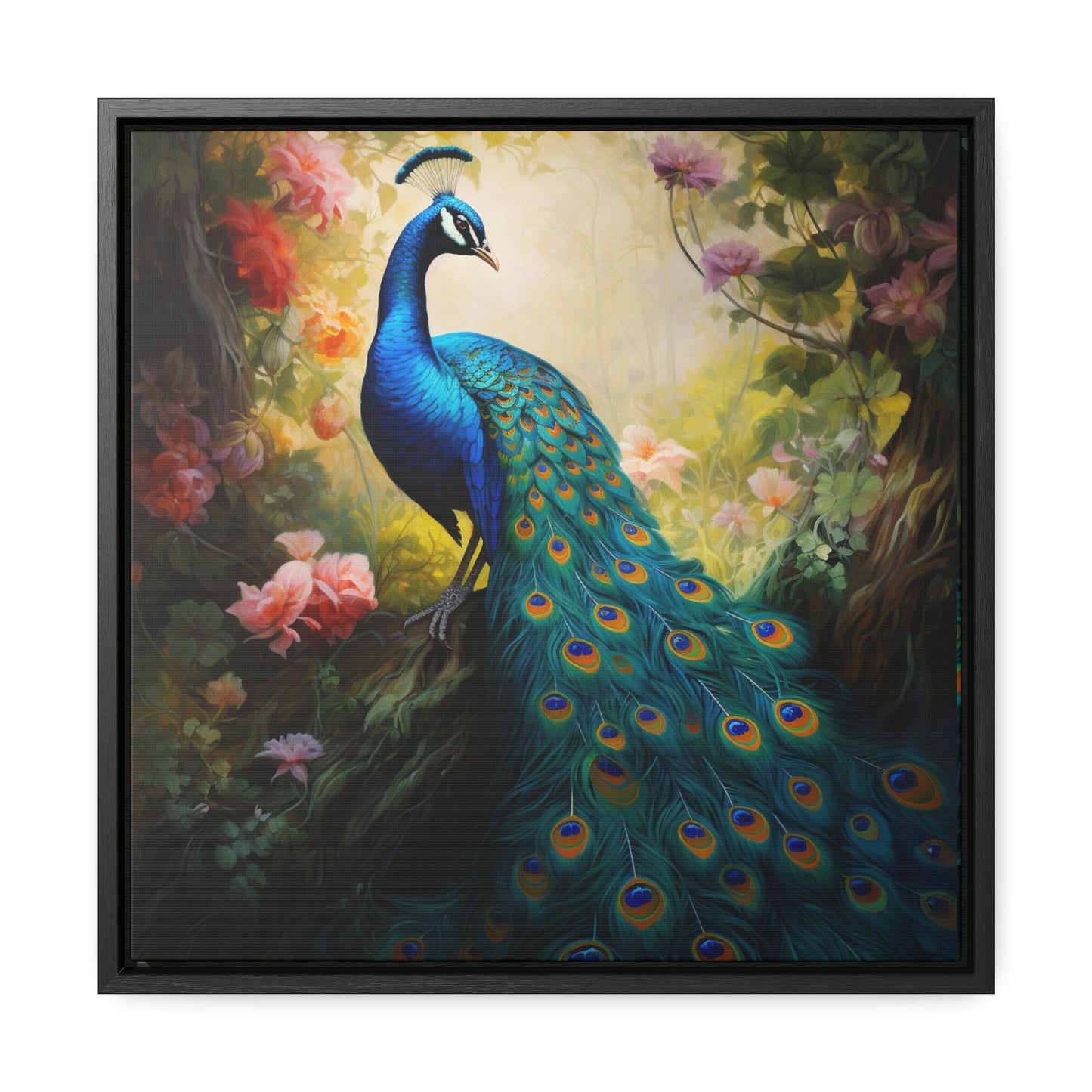 Peacock and Pink Rose Gallery Canvas Wraps, Square Frame