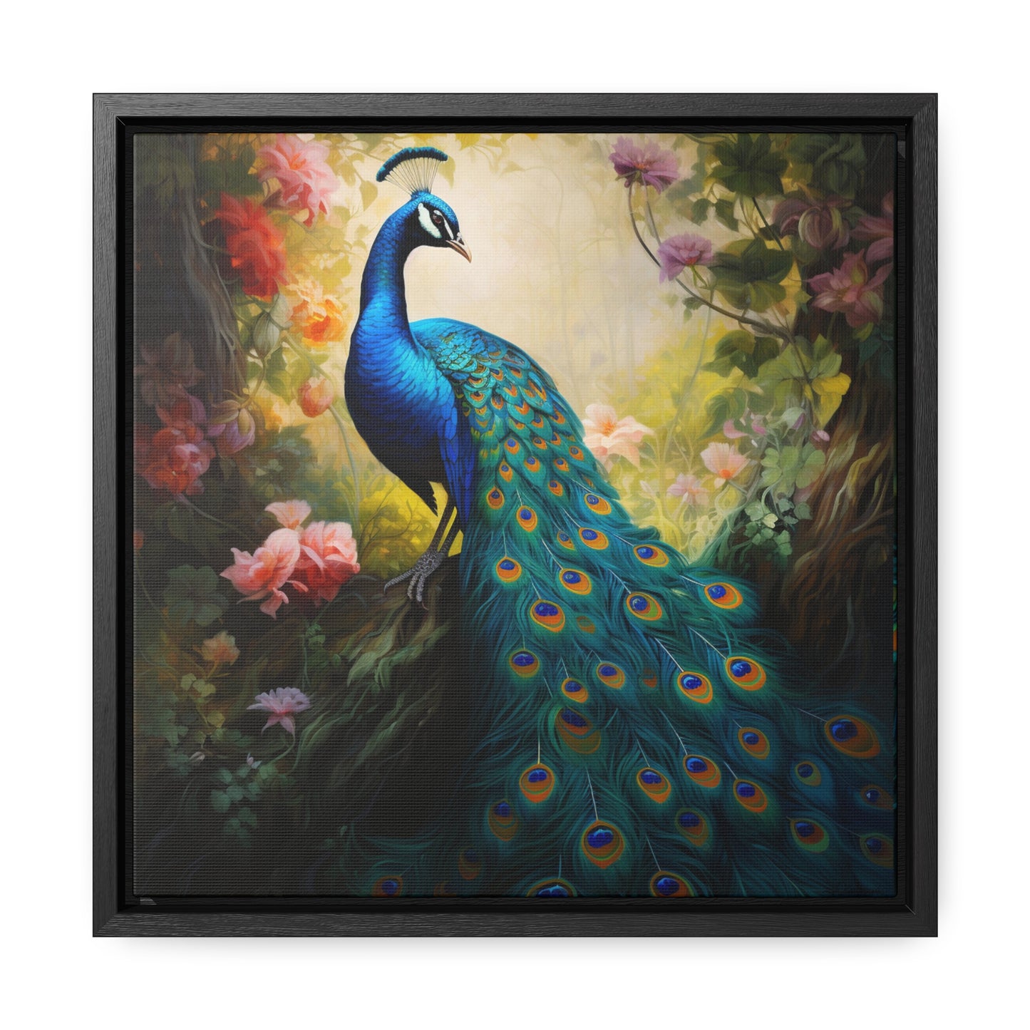 Peacock and Pink Rose Gallery Canvas Wraps, Square Frame