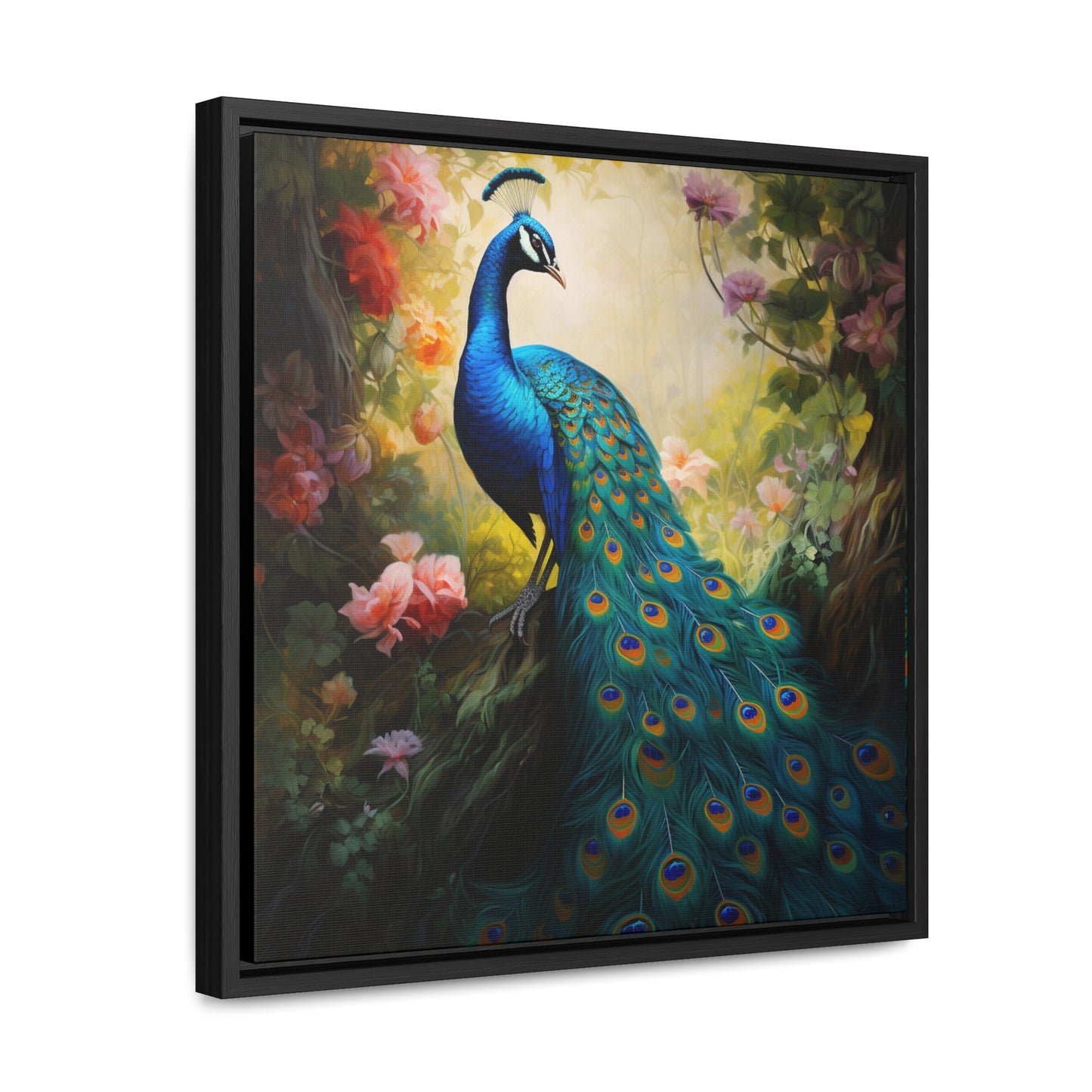 Peacock and Pink Rose Gallery Canvas Wraps, Square Frame