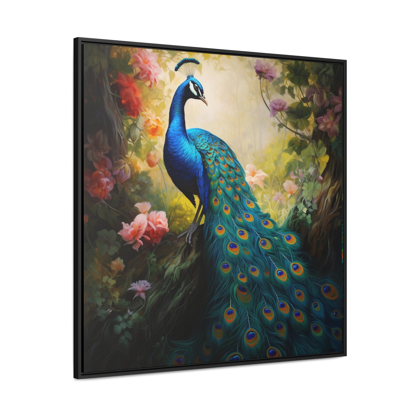 Peacock and Pink Rose Gallery Canvas Wraps, Square Frame