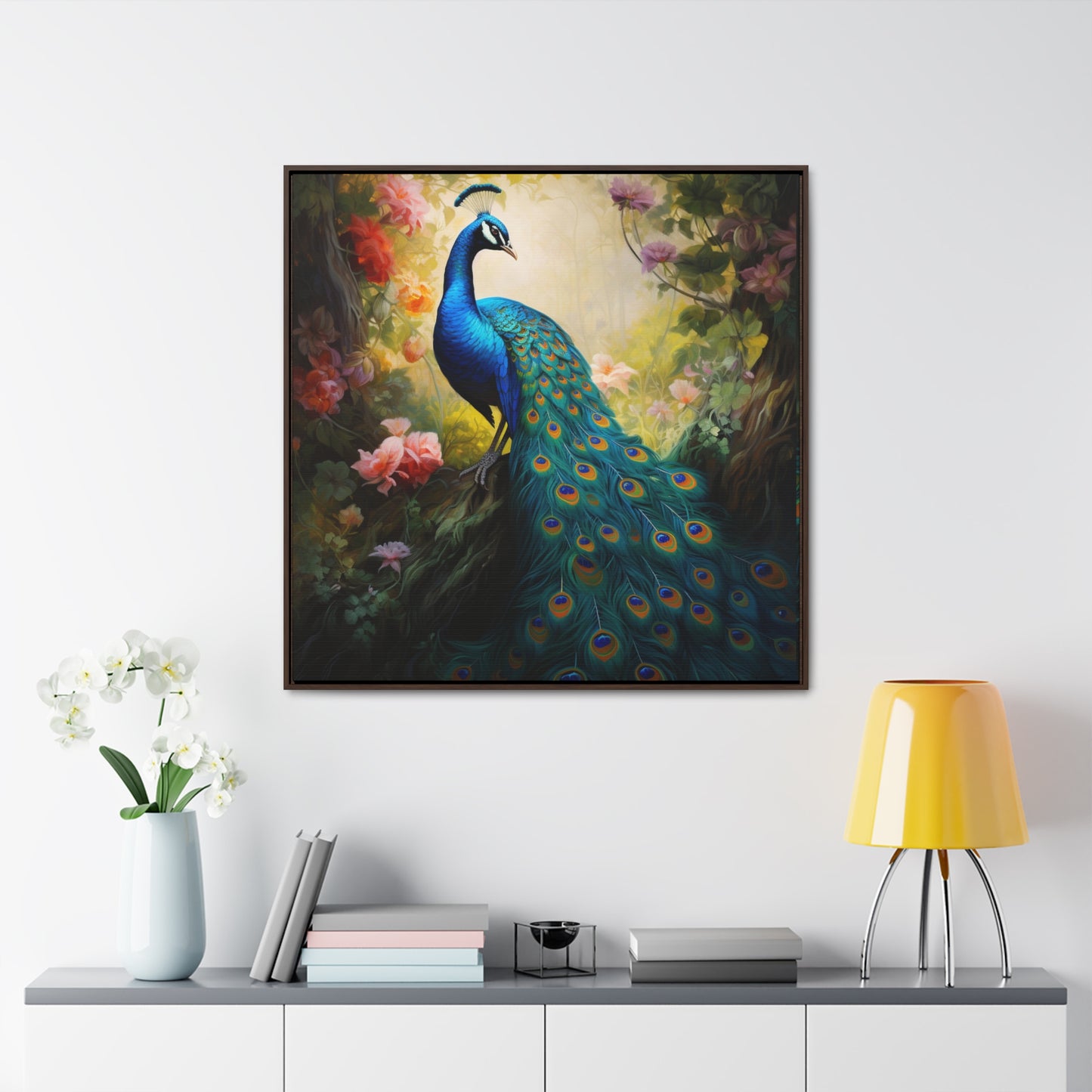 Peacock and Pink Rose Gallery Canvas Wraps, Square Frame