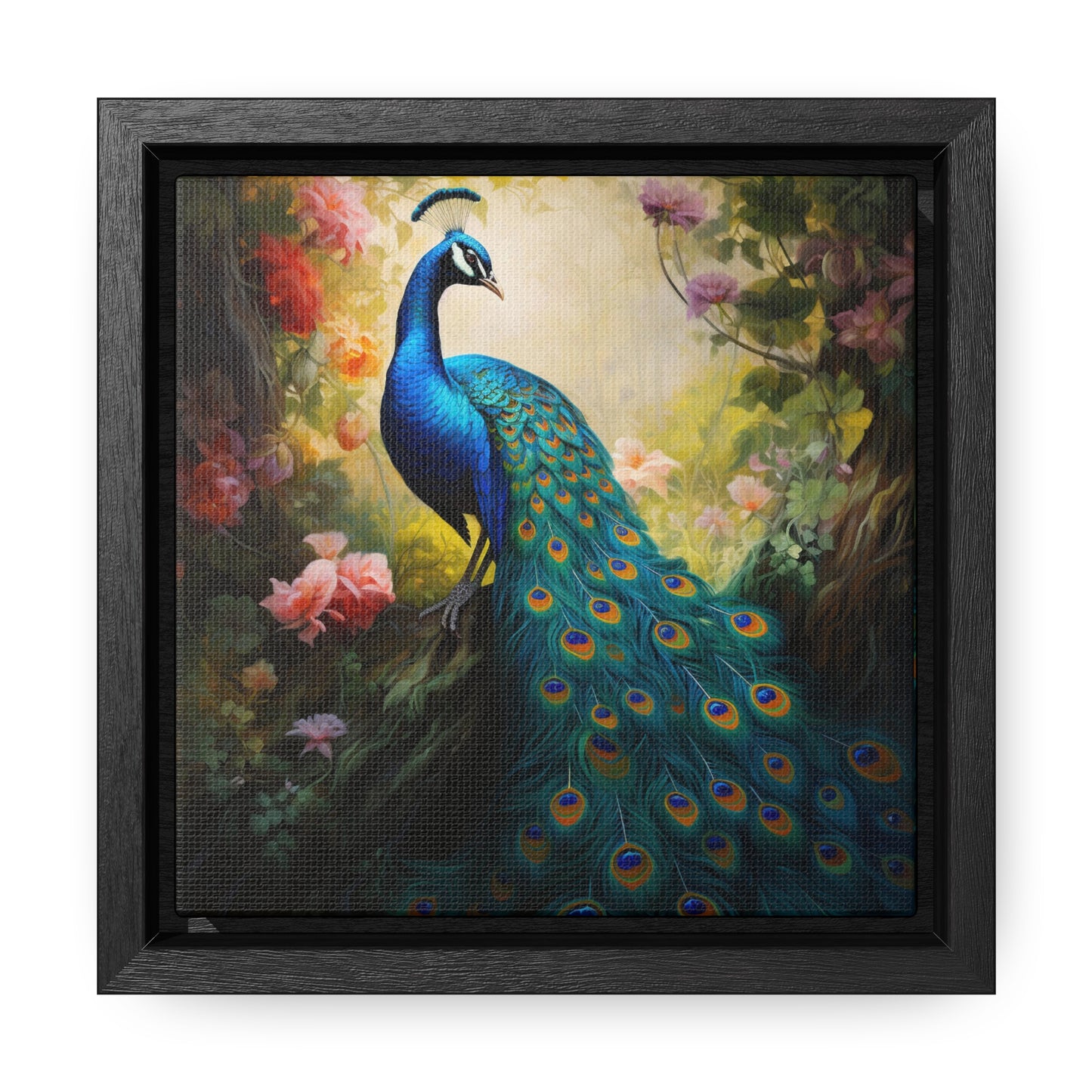 Peacock and Pink Rose Gallery Canvas Wraps, Square Frame