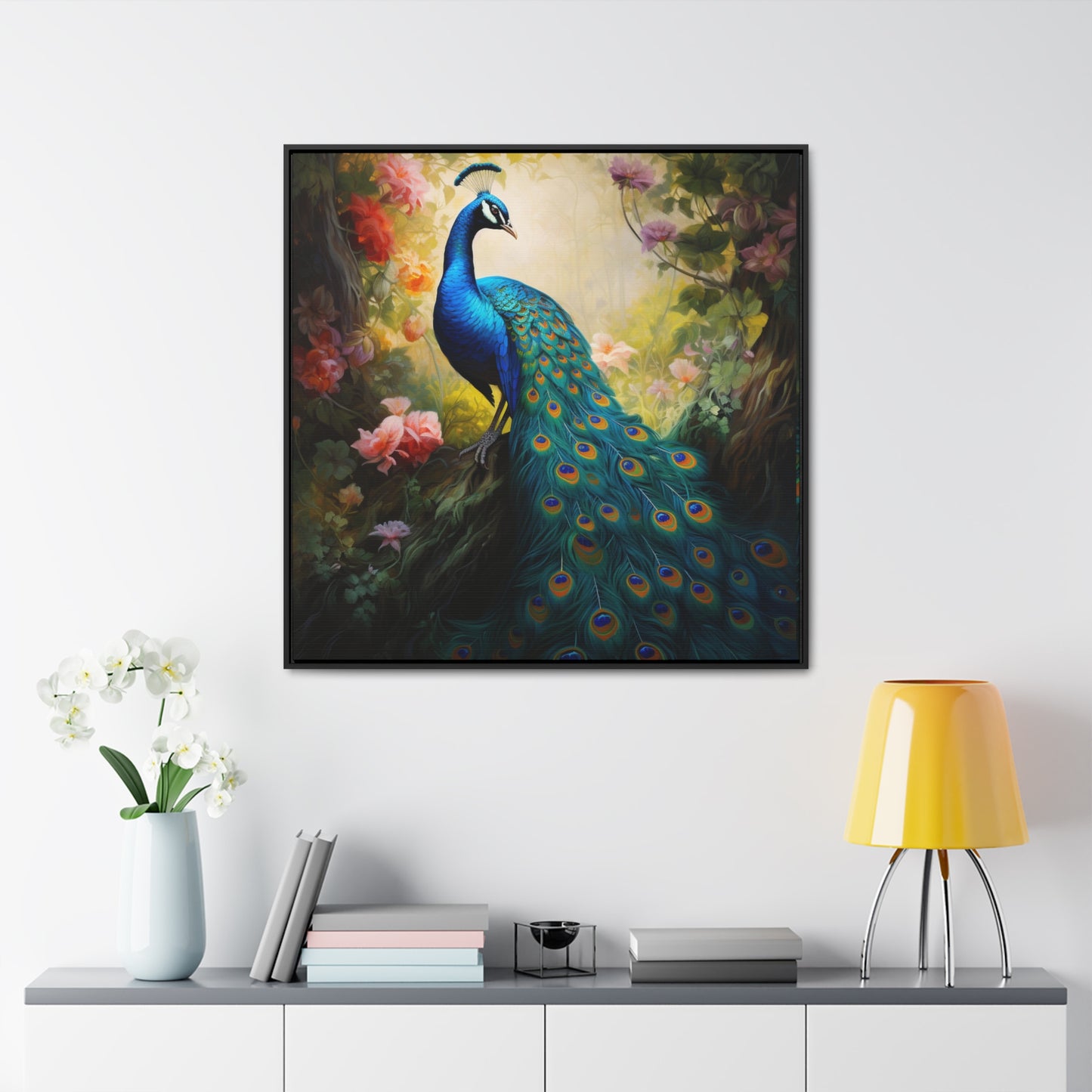 Peacock and Pink Rose Gallery Canvas Wraps, Square Frame